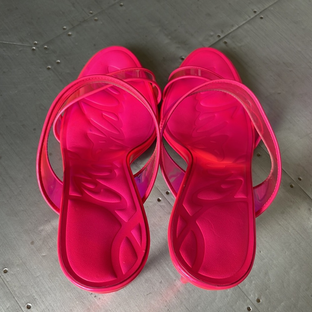 Christian Louboutin just loubi 85mm pink fluo neon pvc sandal stiletto sz 40 - Picture 8 of 13